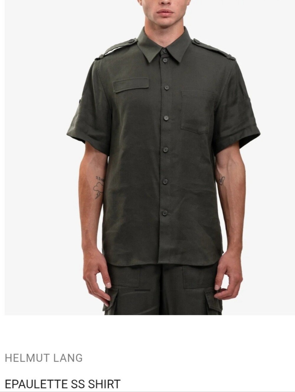 Helmut Lang Dark Grееn - Epaulette Short Sleeve Shirt NWT Size XL $425